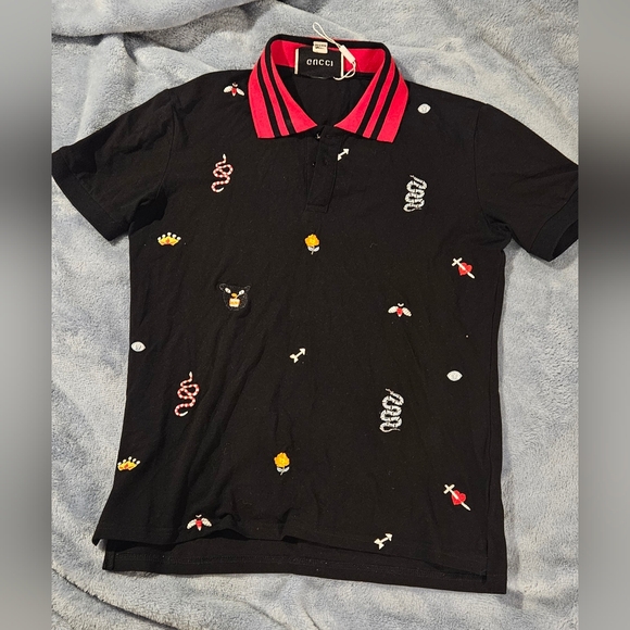 Gucci Mens embroidered arrow and snake and bees black polo shirt size M - Picture 1 of 5